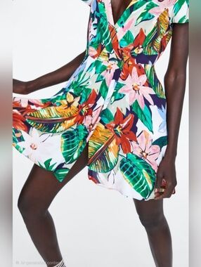 Zara Green Multicolor Tropical Wrap Dress, Size L